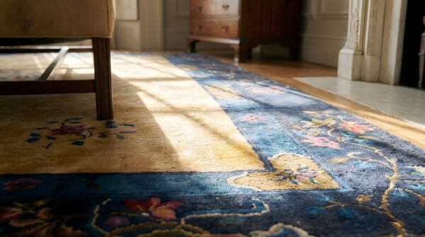 Antique art deco room size wool blue, ivory beige cream white rug (sku 24602) - in-room detail