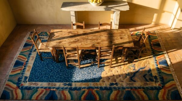 Antique art deco room size wool blue, multicolor rug 2 Antique art deco room size wool blue, multicolor rug (sku 24577) - styled overhead view
