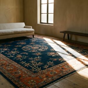 Antique Art Deco Room Size Wool Blue Navy, Coral / Salmon Rug (SKU 24385) - room view