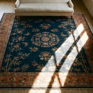 Antique Art Deco Room Size Wool Blue Navy, Coral / Salmon Rug (SKU 24385) - in-room detail