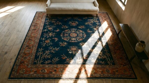 Antique art deco room size wool blue navy, coral / salmon rug (sku 24385) - in-room detail