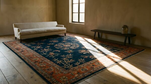 Antique art deco room size wool blue navy, coral / salmon rug (sku 24385) - styled overhead view