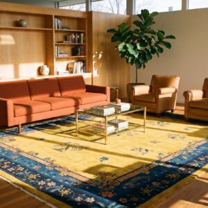 Antique Art Deco Room Size Wool Blue Navy, Yellow Rug (SKU 24190) - room view