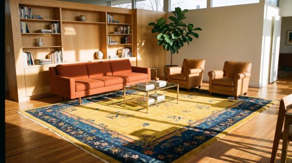 Antique art deco room size wool blue navy, yellow rug 8 Antique art deco room size wool blue navy, yellow rug (sku 24190) - room view