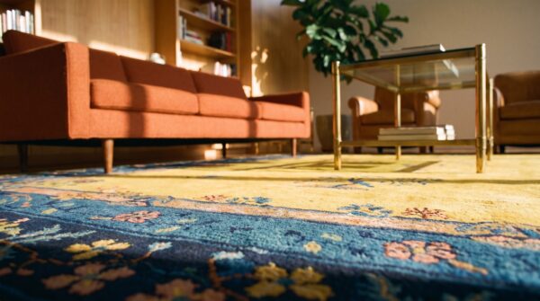 Antique art deco room size wool blue navy, yellow rug 9 Antique art deco room size wool blue navy, yellow rug (sku 24190) - in-room detail