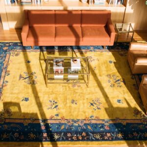Antique Art Deco Room Size Wool Blue Navy, Yellow Rug (SKU 24190) - styled overhead view