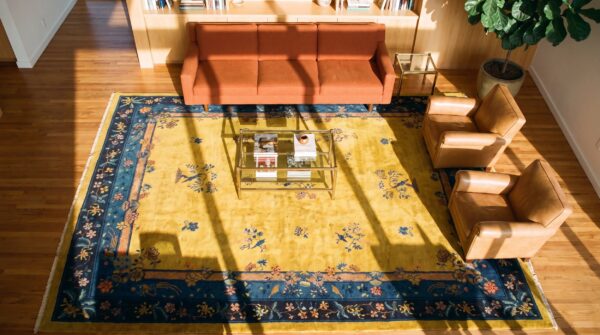 Antique art deco room size wool blue navy, yellow rug 2 Antique art deco room size wool blue navy, yellow rug (sku 24190) - styled overhead view