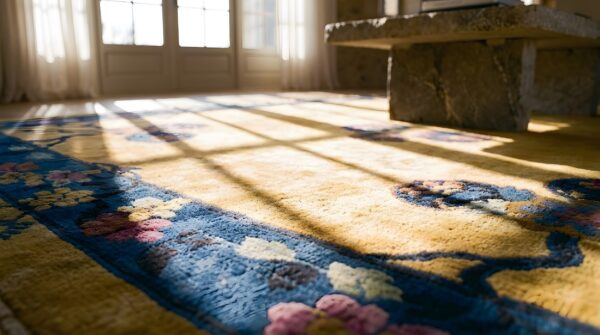Antique art deco room size wool blue and yellow rug 8 Antique art deco room size wool blue and yellow rug (sku 24475) - in-room detail