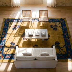 Antique Art Deco Room Size Wool Blue and Yellow Rug (SKU 24475) - styled overhead view