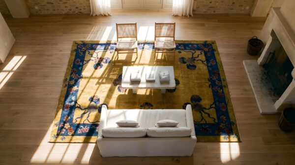 Antique art deco room size wool blue and yellow rug 2 Antique art deco room size wool blue and yellow rug (sku 24475) - styled overhead view