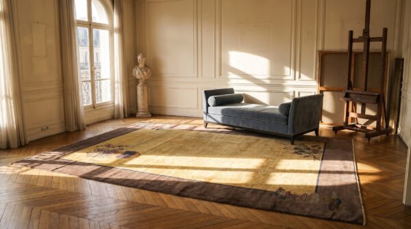 Antique art deco room size wool brown, camel rug 10 Antique art deco room size wool brown, camel rug (sku 24520) - room view