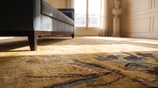 Antique art deco room size wool brown, camel rug 11 Antique art deco room size wool brown, camel rug (sku 24520) - in-room detail