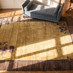 Antique Art Deco Room Size Wool Brown, Camel Rug (SKU 24520) - styled overhead view