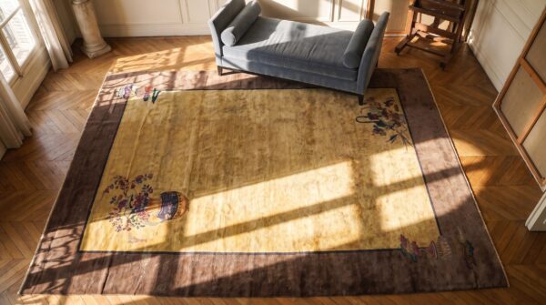 Antique art deco room size wool brown, camel rug 2 Antique art deco room size wool brown, camel rug (sku 24520) - styled overhead view
