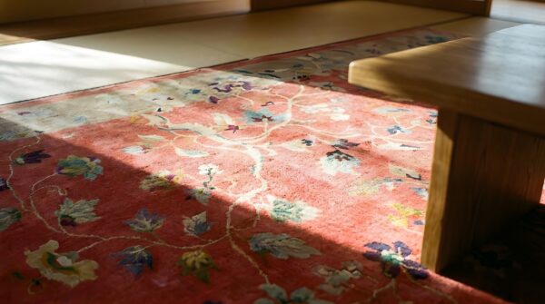 Antique art deco room size wool coral allover rug 7 Antique art deco room size wool coral allover rug (sku 23825) - in-room detail