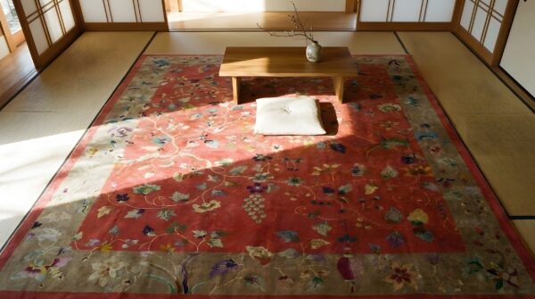 Antique art deco room size wool coral allover rug 2 Antique art deco room size wool coral allover rug (sku 23825) - styled overhead view