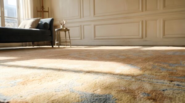 Antique art deco room size wool coral floral rug 7 Antique art deco room size wool coral floral rug (sku 23678) - in-room detail