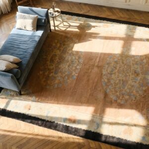Antique Art Deco Room Size Wool Coral Floral Rug (SKU 23678) - styled overhead view