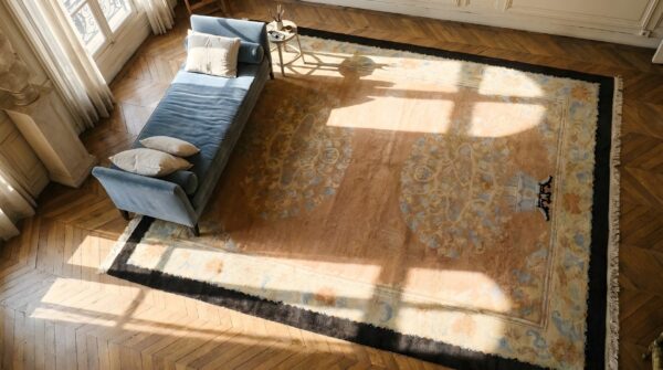 Antique art deco room size wool coral floral rug 2 Antique art deco room size wool coral floral rug (sku 23678) - styled overhead view