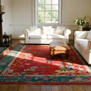 Antique Art Deco Room Size Wool Coral, Green Rug (SKU 24389) - room view