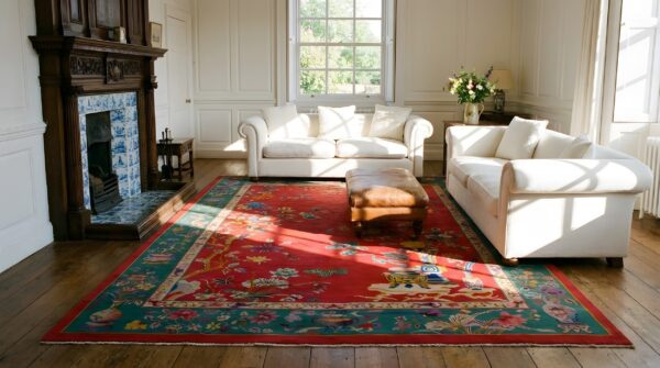 Antique art deco room size wool coral, green rug 9 Antique art deco room size wool coral, green rug (sku 24389) - room view