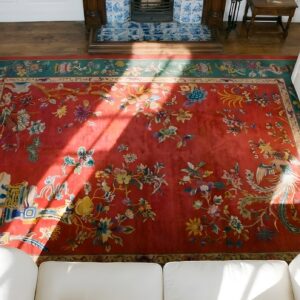 Antique Art Deco Room Size Wool Coral, Green Rug (SKU 24389) - in-room detail