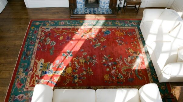 Antique art deco room size wool coral, green rug 10 Antique art deco room size wool coral, green rug (sku 24389) - in-room detail