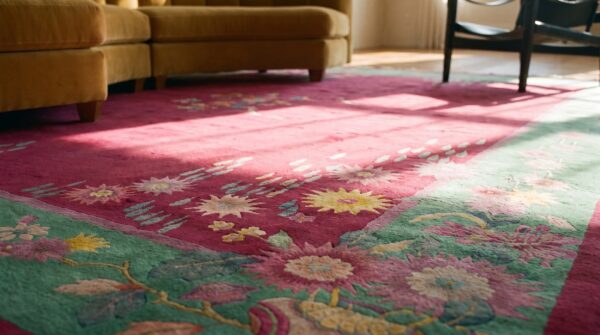 Antique art deco room size wool coral vibrant rug 8 Antique art deco room size wool coral vibrant rug (sku 23625) - in-room detail