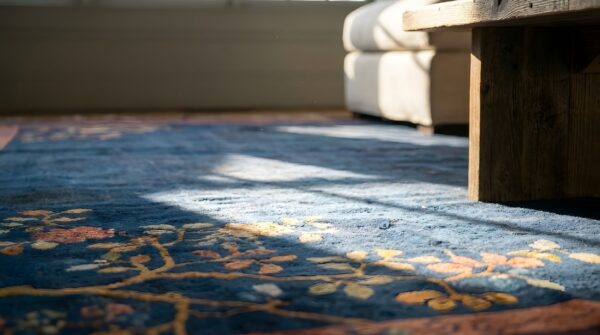 Antique art deco room size wool fuschia, navy rug 7 Antique art deco room size wool fuschia, navy rug (sku 23866) - in-room detail