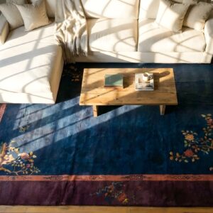 Antique Art Deco Room Size Wool Fuschia, Navy Rug (SKU 23866) - styled overhead view