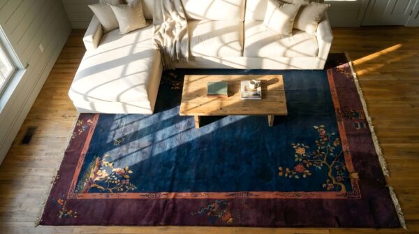 Antique art deco room size wool fuschia, navy rug 2 Antique art deco room size wool fuschia, navy rug (sku 23866) - styled overhead view