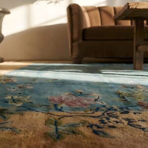 Antique Art Deco Room Size Wool Green, Ivory Beige Cream White Rug (SKU 24553) - in-room detail