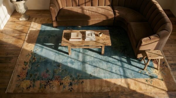 Antique art deco room size wool green, ivory beige cream white rug (sku 24553) - styled overhead view