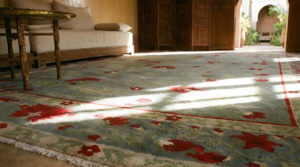Antique art deco room size wool green, red rug 11 Antique art deco room size wool green, red rug (sku 24598) - in-room detail