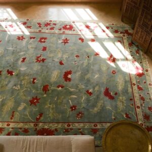 Antique Art Deco Room Size Wool Green, Red Rug (SKU 24598) - styled overhead view
