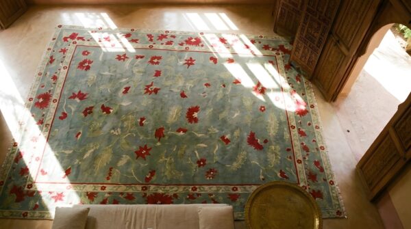 Antique art deco room size wool green, red rug 2 Antique art deco room size wool green, red rug (sku 24598) - styled overhead view