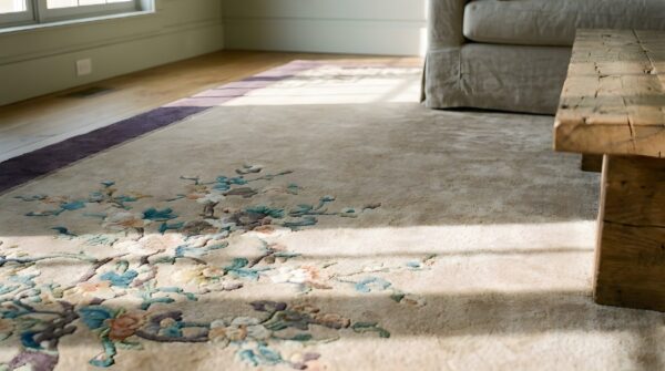 Antique art deco room size wool ivory rug 14 Antique art deco room size wool ivory rug (sku 24759) - in-room detail