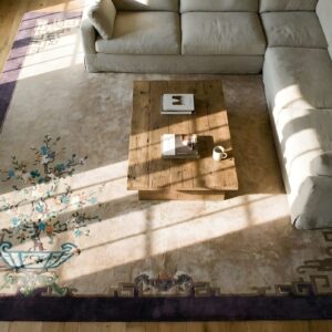 Antique Art Deco Room Size Wool Ivory Rug (SKU 24759) - styled overhead view