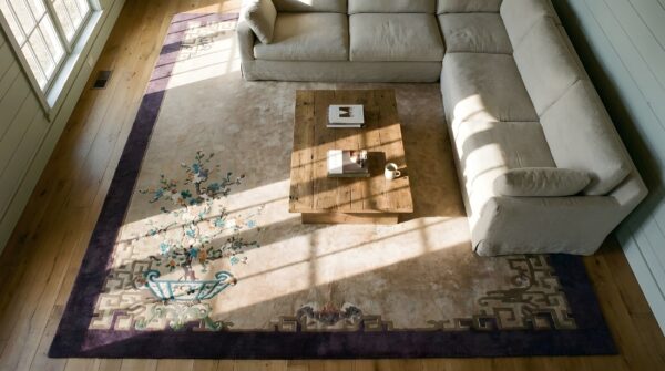 Antique art deco room size wool ivory rug 2 Antique art deco room size wool ivory rug (sku 24759) - styled overhead view