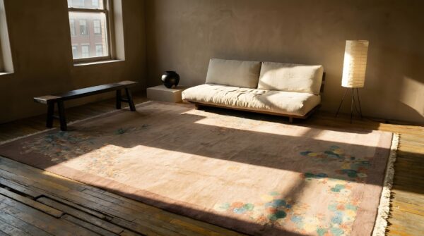 Antique art deco room size wool ivory beige cream white rug 7 Antique art deco room size wool ivory beige cream white rug (sku 24345) - room view