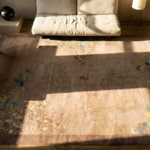 Antique Art Deco Room Size Wool Ivory Beige Cream White Rug (SKU 24345) - styled overhead view
