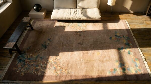 Antique art deco room size wool ivory beige cream white rug 2 Antique art deco room size wool ivory beige cream white rug (sku 24345) - styled overhead view