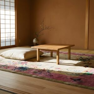 Antique Art Deco Room Size Wool Ivory, Pink Rug (SKU 24355) - styled overhead view