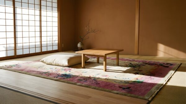 Antique art deco room size wool ivory, pink rug 2 Antique art deco room size wool ivory, pink rug (sku 24355) - styled overhead view