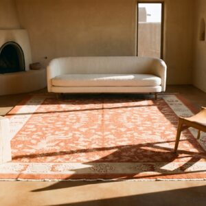Antique Art Deco Room Size Wool Ivory and Red Rug (SKU 24659) - room view