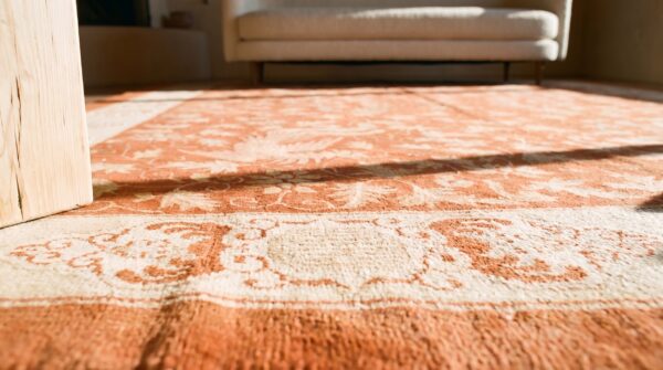 Antique art deco room size wool ivory and red rug 9 Antique art deco room size wool ivory and red rug (sku 24659) - in-room detail