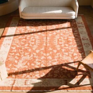 Antique Art Deco Room Size Wool Ivory and Red Rug (SKU 24659) - styled overhead view