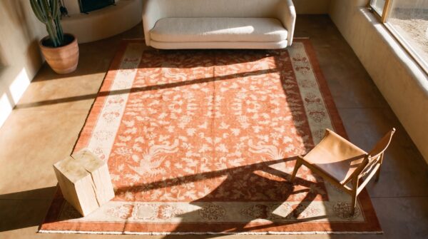 Antique art deco room size wool ivory and red rug 2 Antique art deco room size wool ivory and red rug (sku 24659) - styled overhead view