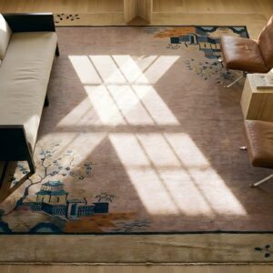 Antique Art Deco Room Size Wool Lavender Rug (SKU 24112) - styled overhead view