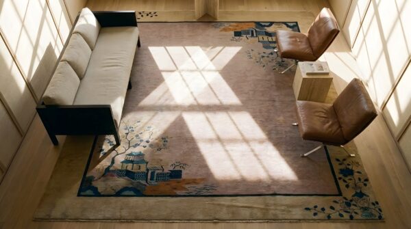 Antique art deco room size wool lavender rug (sku 24112) - styled overhead view